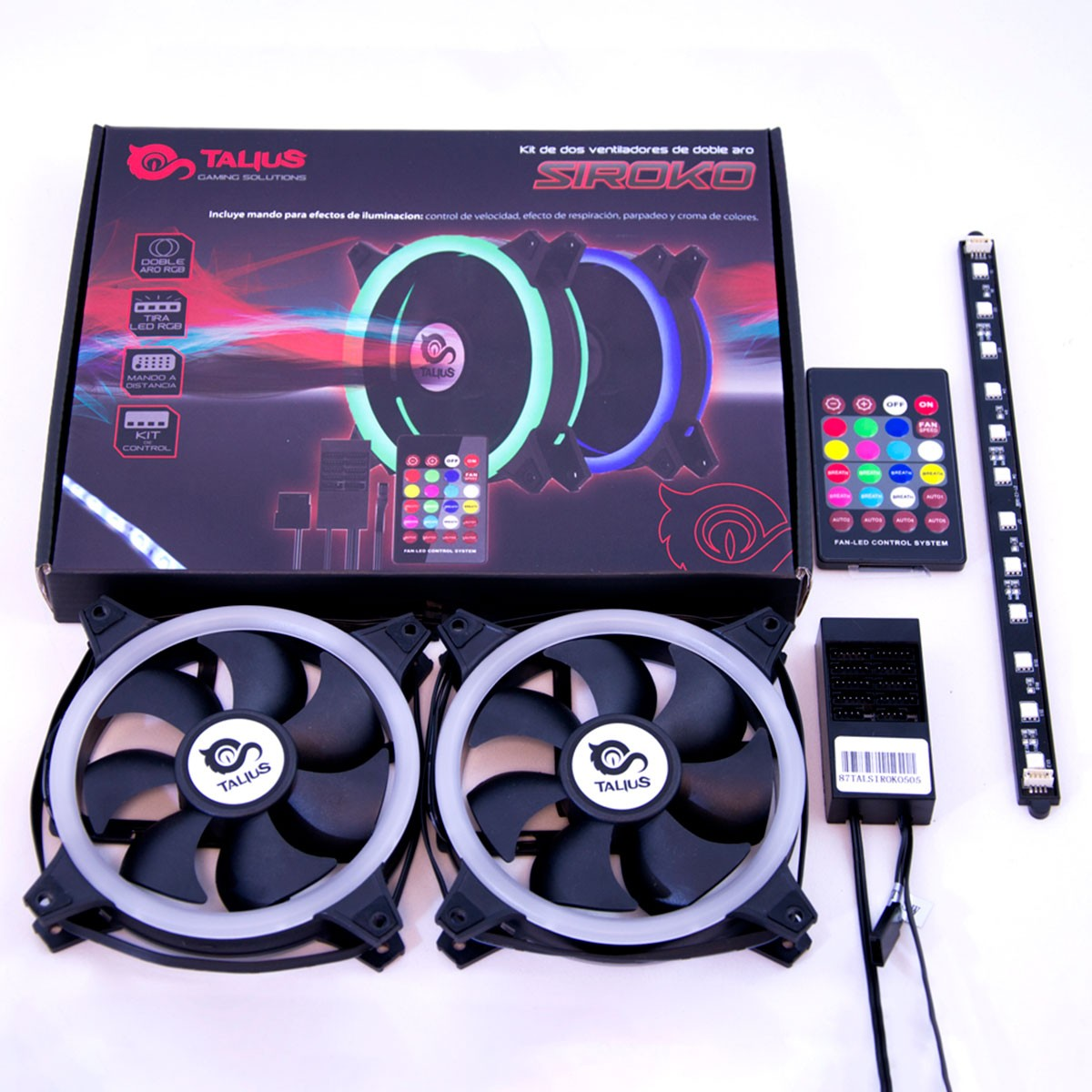Ventole PC gaming con luci LED, controller e striscia luminosa. Mostrata la scatola.