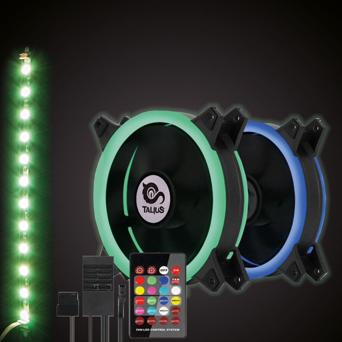 Sistema di controllo LED per ventole con due ventole illuminate in verde e blu. Telecomando, sfondo nero.