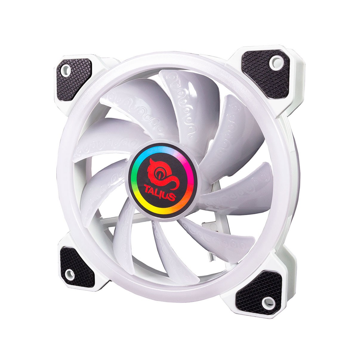 Un ventilador de computadora blanco con luz RGB circular y la marca 'TALIUS' en el centro.