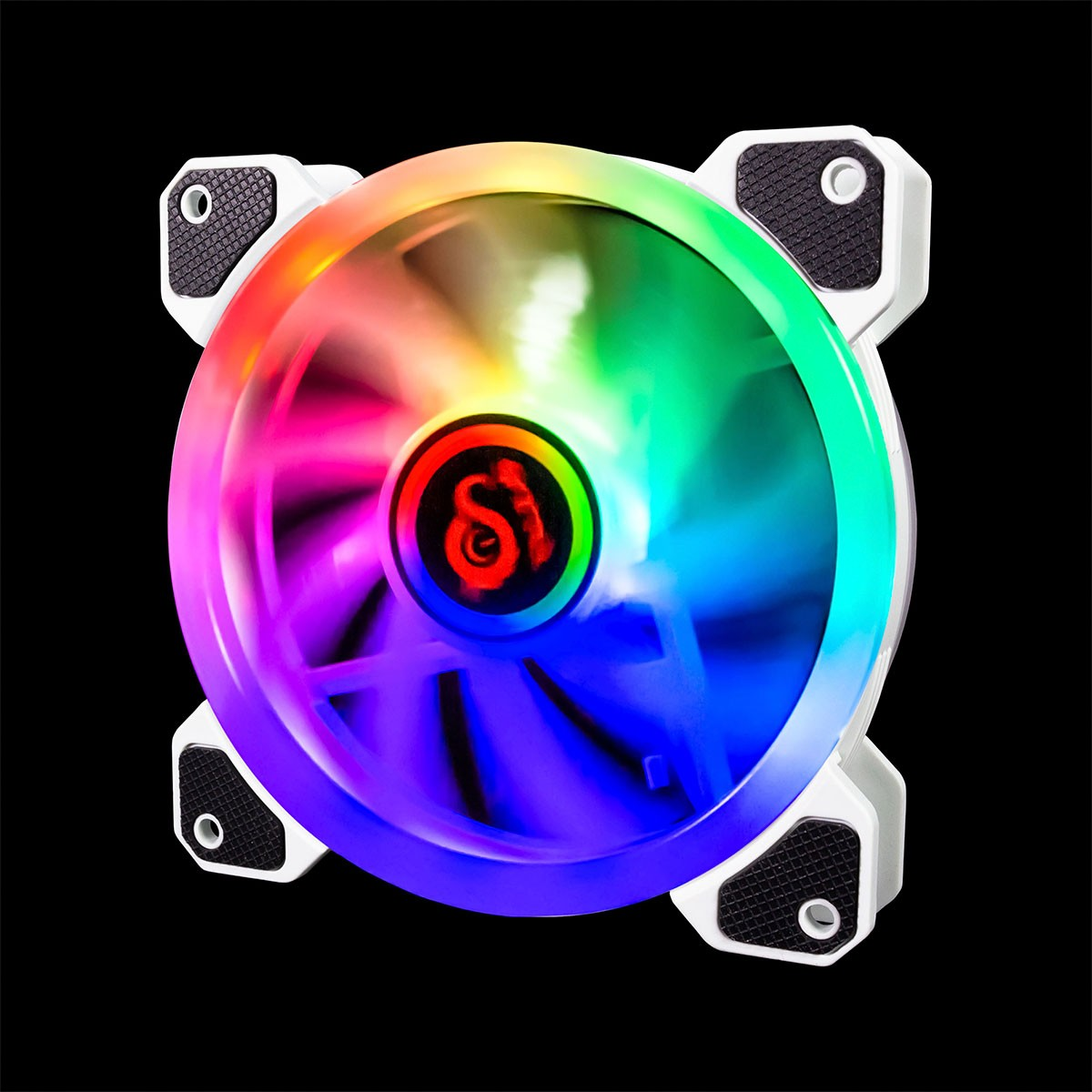 Un ventilador de PC con luces arcoíris, marco blanco y esquinas negras.