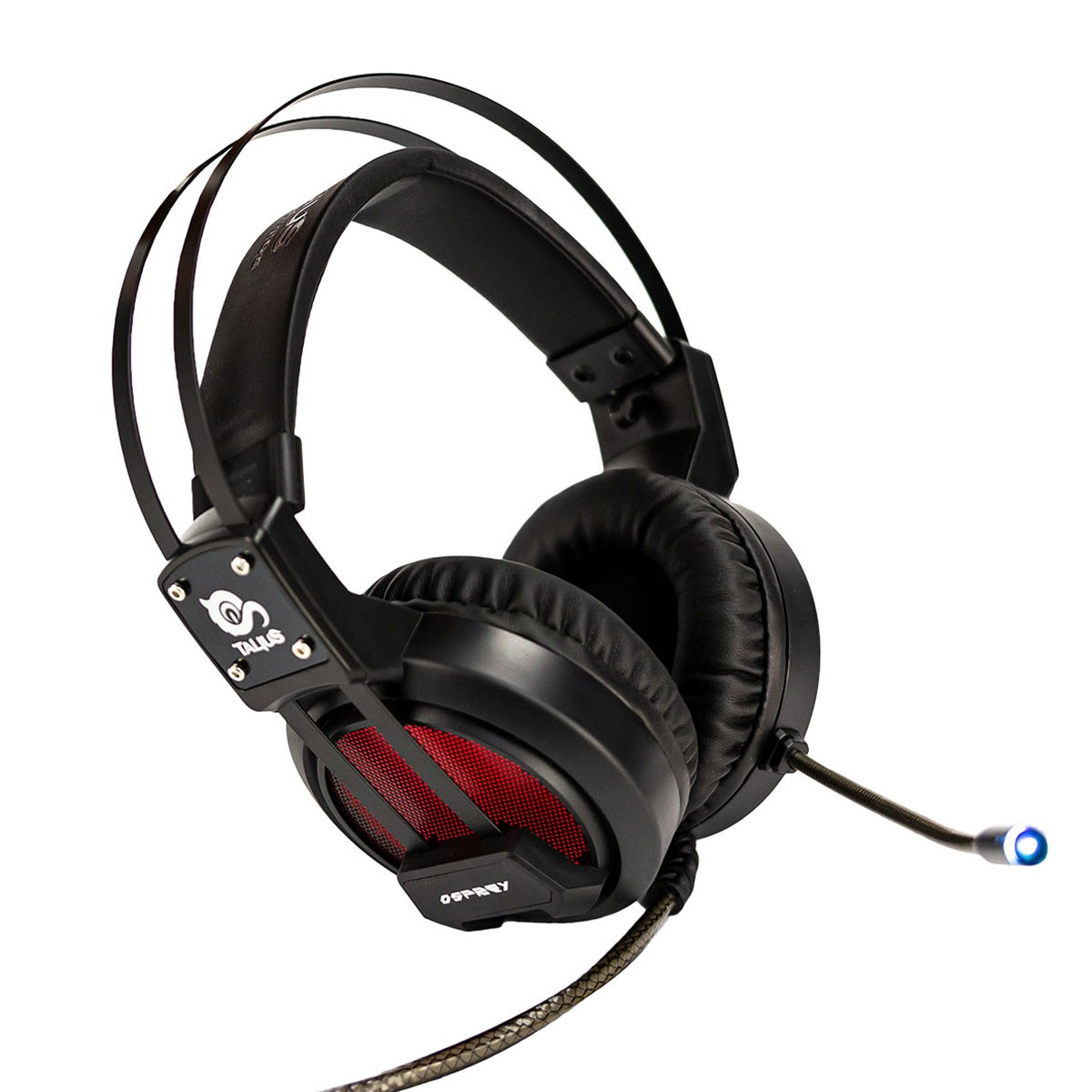 Czarne słuchawki gamingowe z czerwoną siatką, mikrofonem i niebieskim światłem.