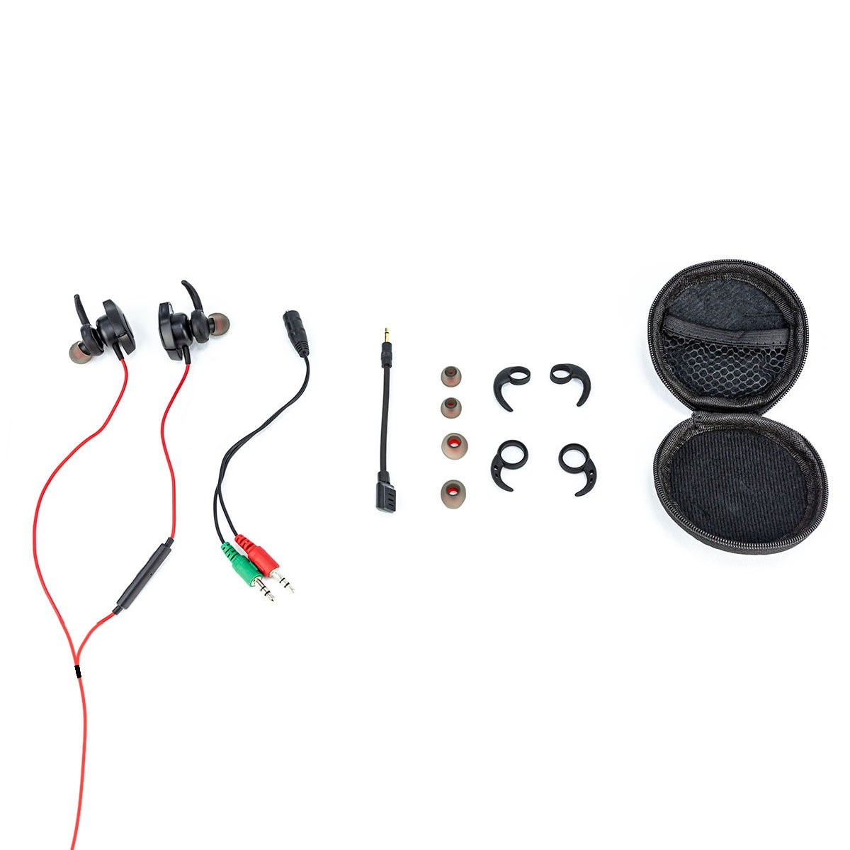 Słuchawki i akcesoria na białym tle. Zawiera etui, dodatkowe wkładki douszne i kabel.