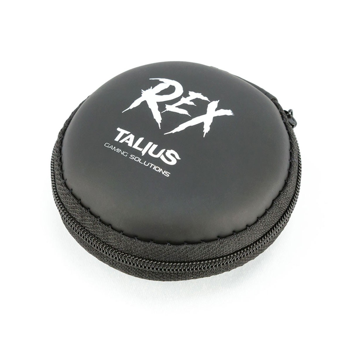 Czarny okrągły futerał z zamkiem błyskawicznym i białym logo z napisem REX TALIUS GAMING SOLUTIONS.