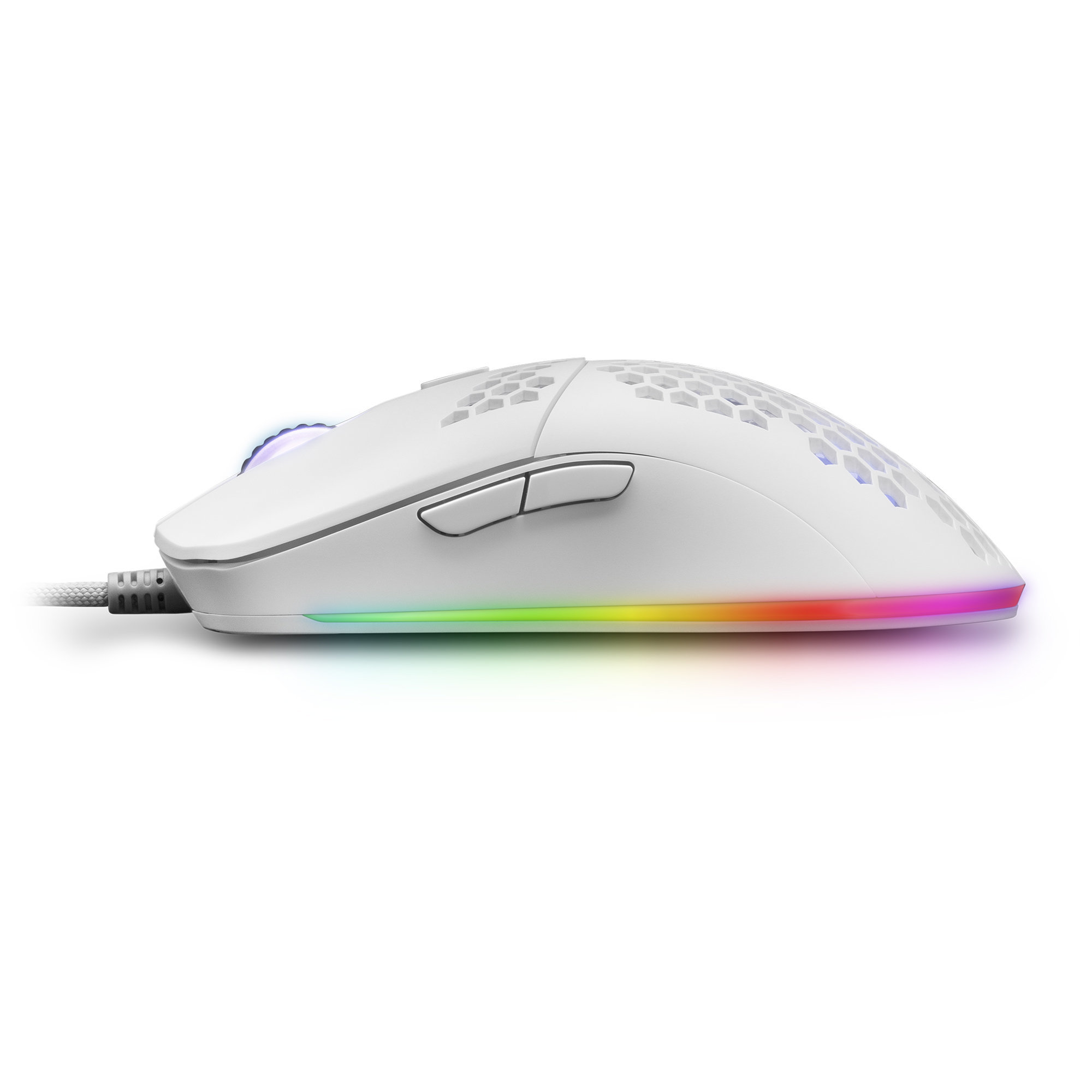 Un ratón gaming blanco con iluminación RGB en el borde inferior.