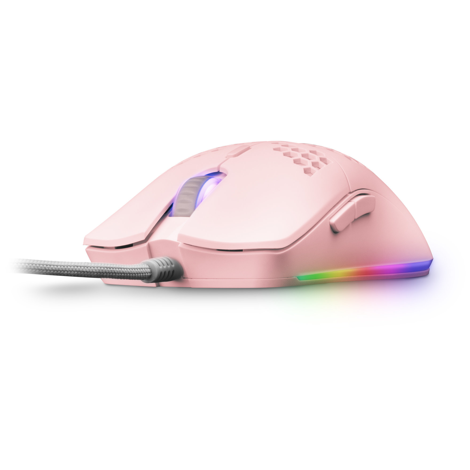 Roze gamingmuis met LED-verlichting. Grijze kabel. Witte achtergrond.