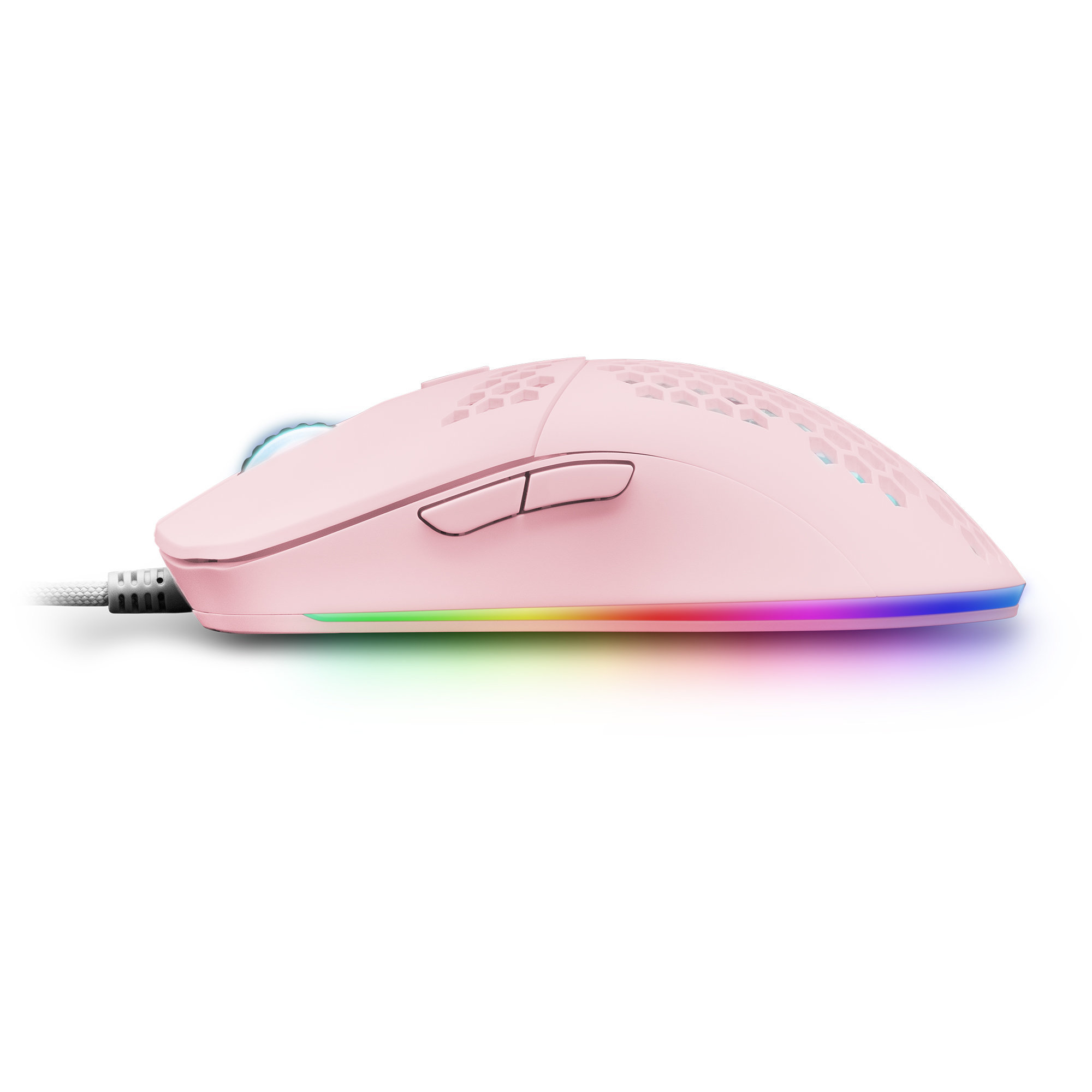 Een roze gamingmuis met een honingraatontwerp en RGB-verlichting, op een wit oppervlak.