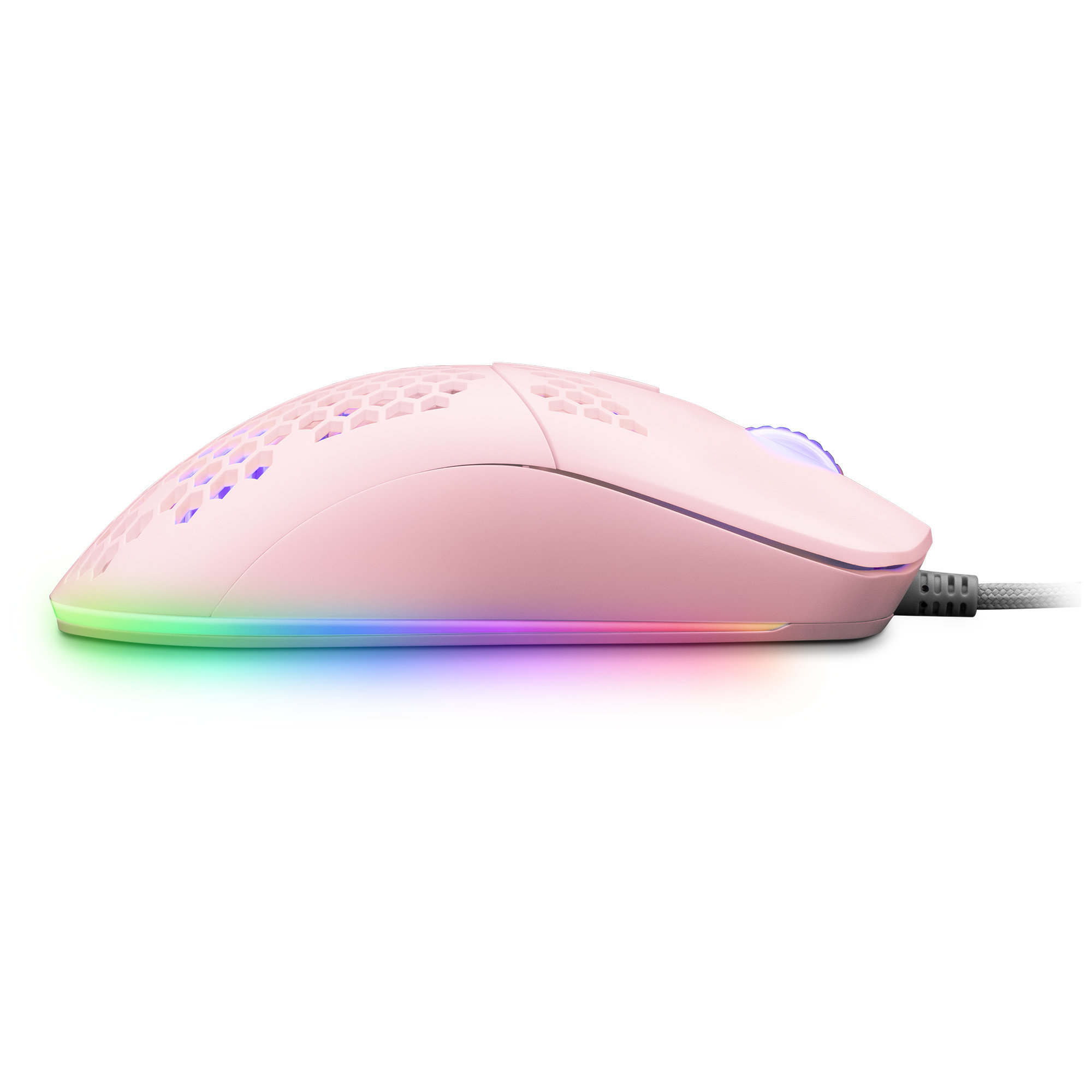 Een roze gamingmuis met RGB-verlichting aan de onderkant.
