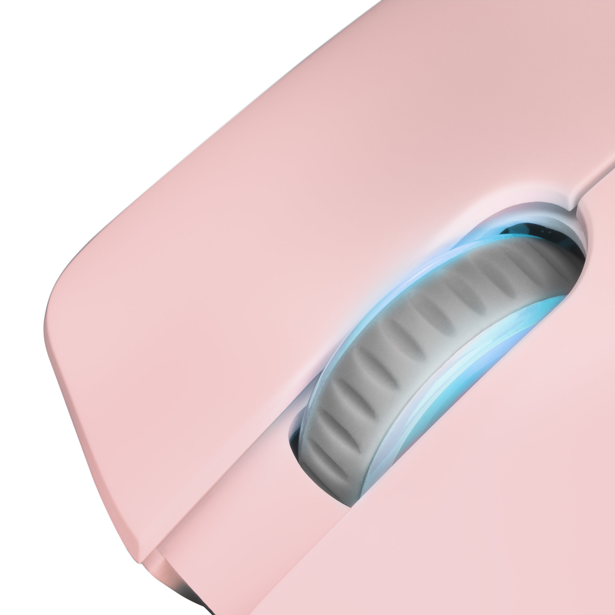 Close-up van een roze computermuis met een grijze scrollwiel, met een blauw licht.
