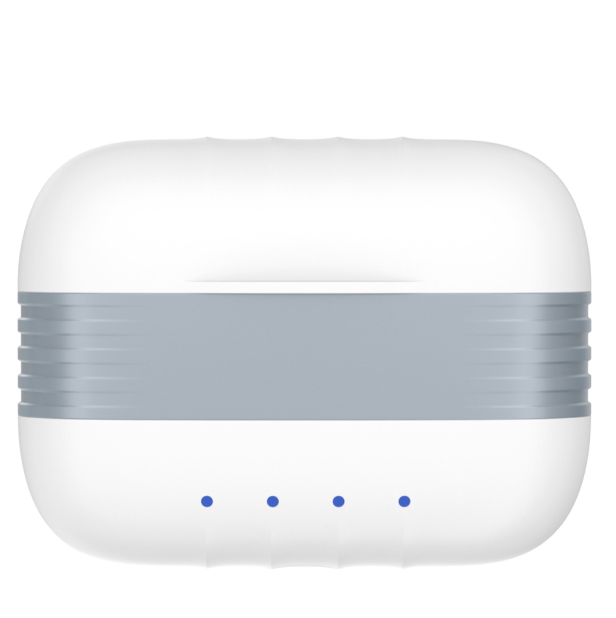 Eine weiße Powerbank mit grauem Streifen und drei blauen LED-Leuchten.