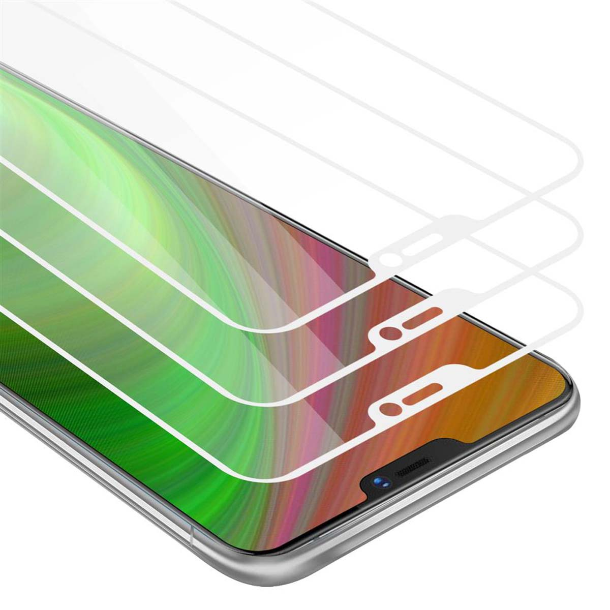 Le protezioni per lo schermo del telefono sovrappongono un telefono. Vengono mostrate tre sovrapposizioni con ritagli per la fotocamera e l'altoparlante.