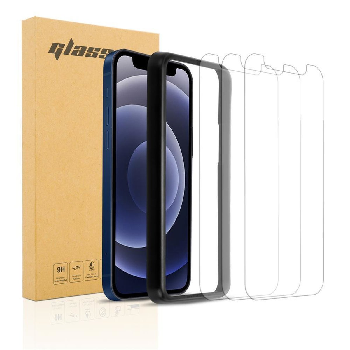 Smartphone con custodia nera e protezioni schermo, con scatola di cartone sullo sfondo.