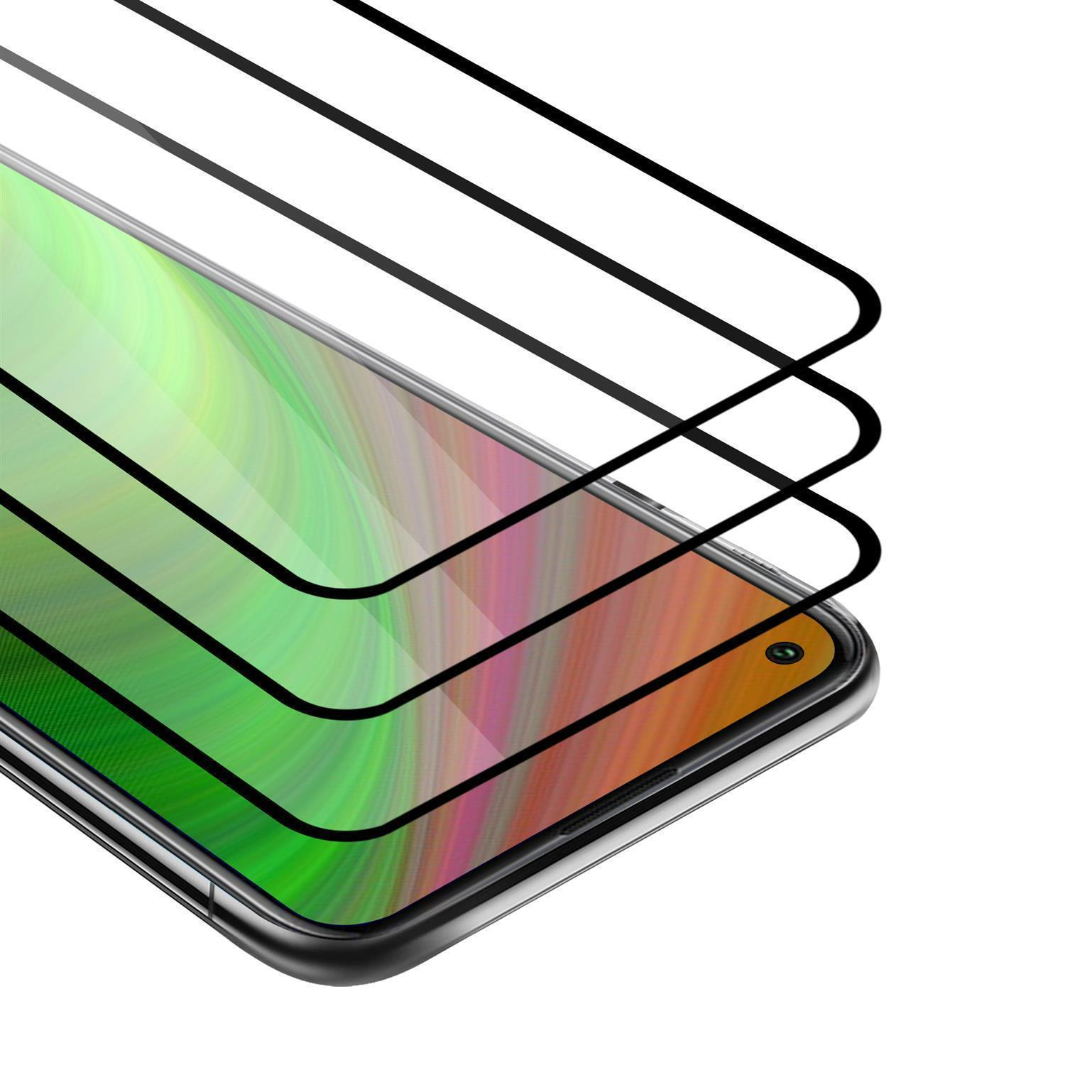 Primo piano dello schermo del telefono con protezioni. Tre protezioni sono stratificate per mostrare gli strati. Riflesso colorato.