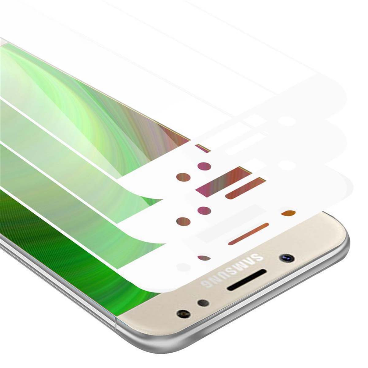 Schermo di smartphone con una pellicola protettiva in applicazione. Il telefono è dorato e la pellicola è leggermente trasparente.