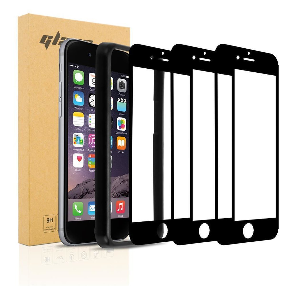Un iPhone con protezione schermo e custodia, esposto con la sua confezione.