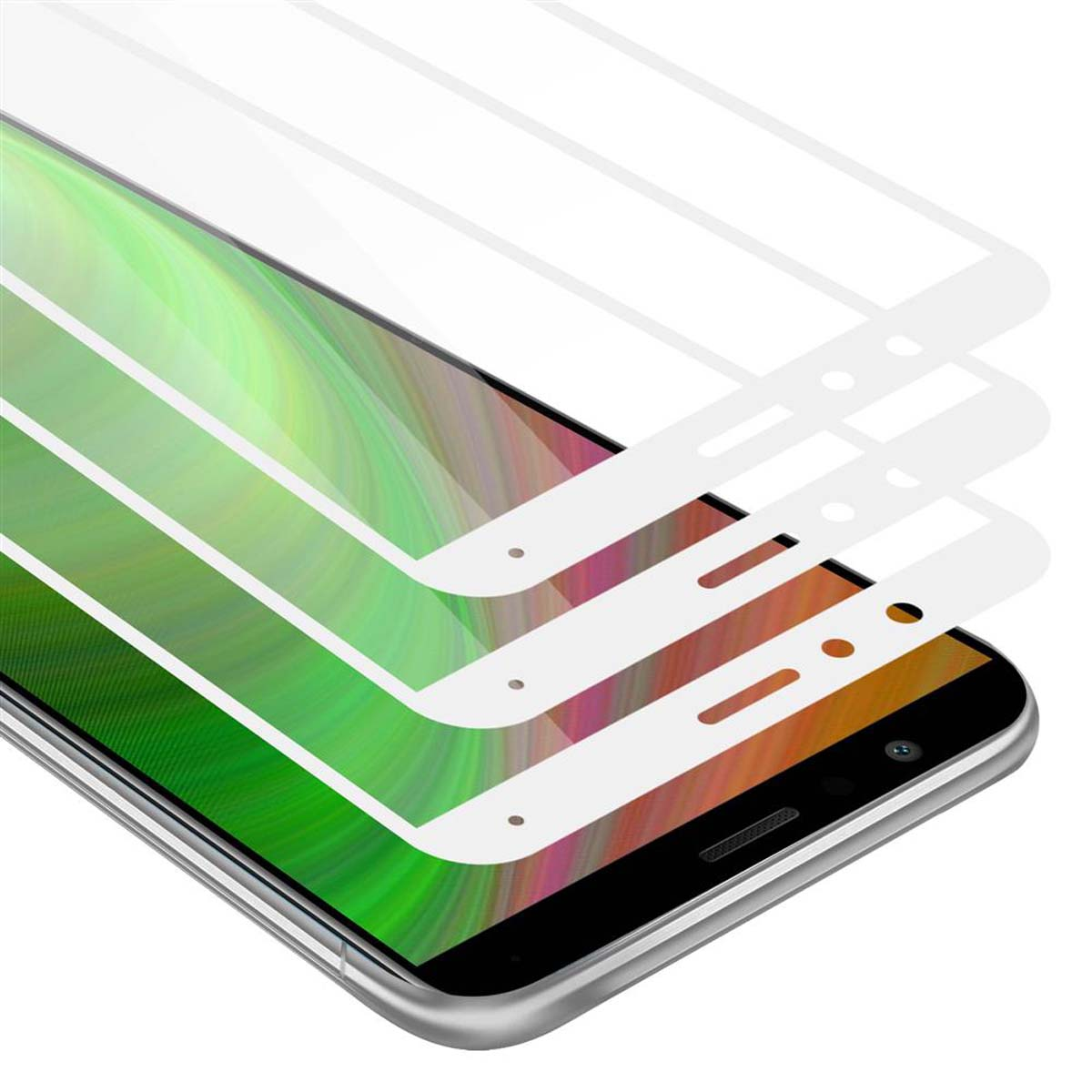 Schermo del telefono e protezioni per lo schermo. Protezioni bianche sullo schermo. Lo schermo ha colori verdi e marroni.