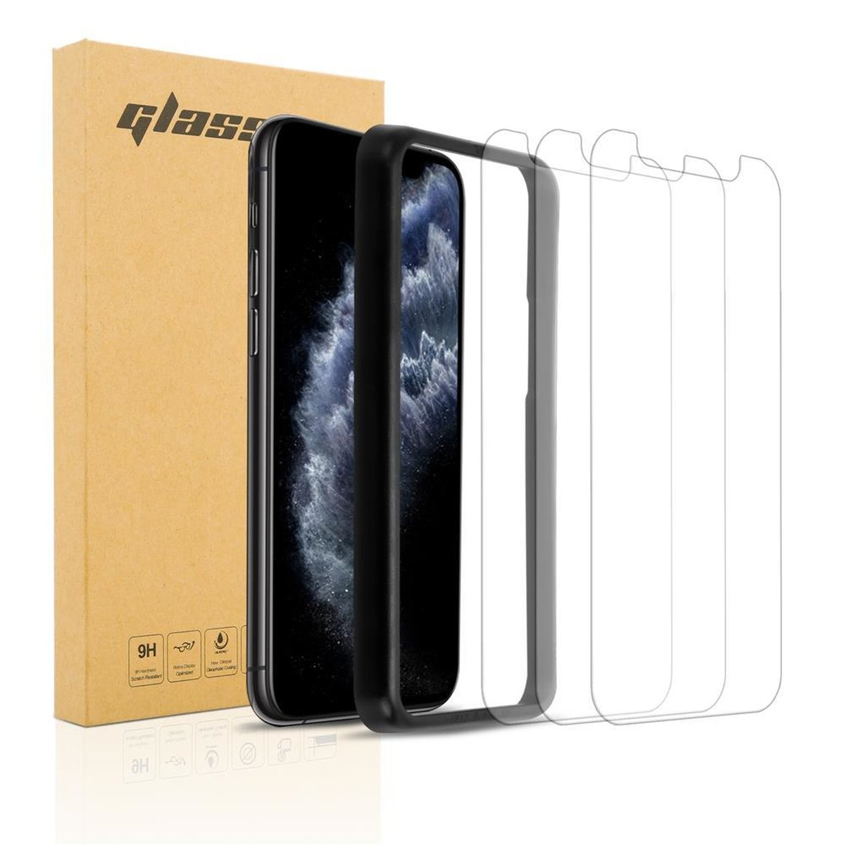 Telefono e custodia con protezioni schermo. Set in scatola con durezza 9H, vetro e protezione.