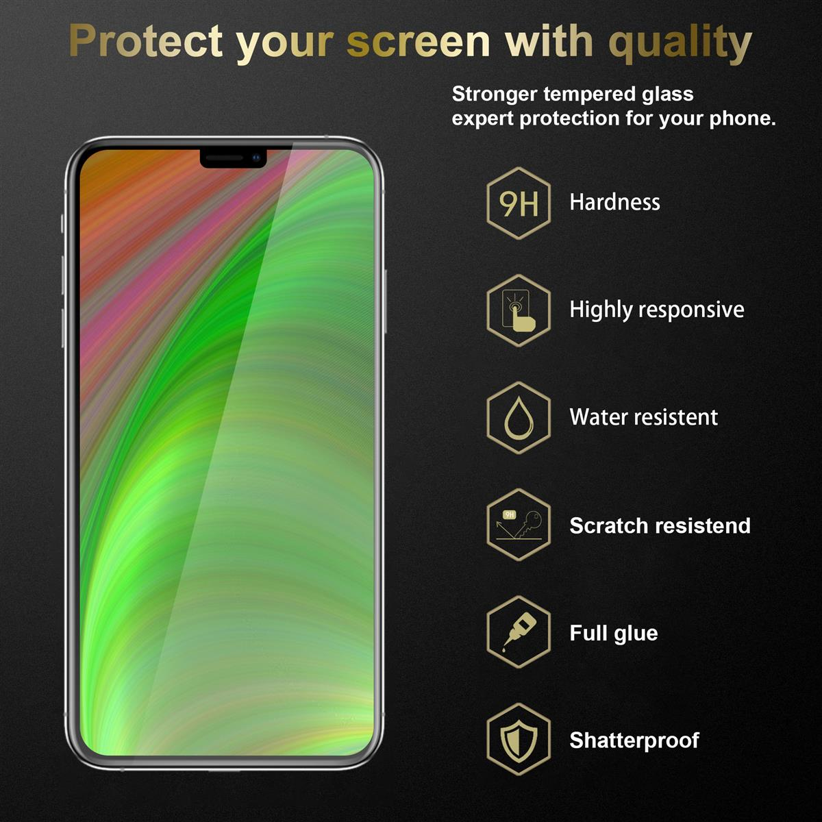 Smartphone con protezione schermo. Testo su durezza, reattività, resistenza all'acqua, ecc.