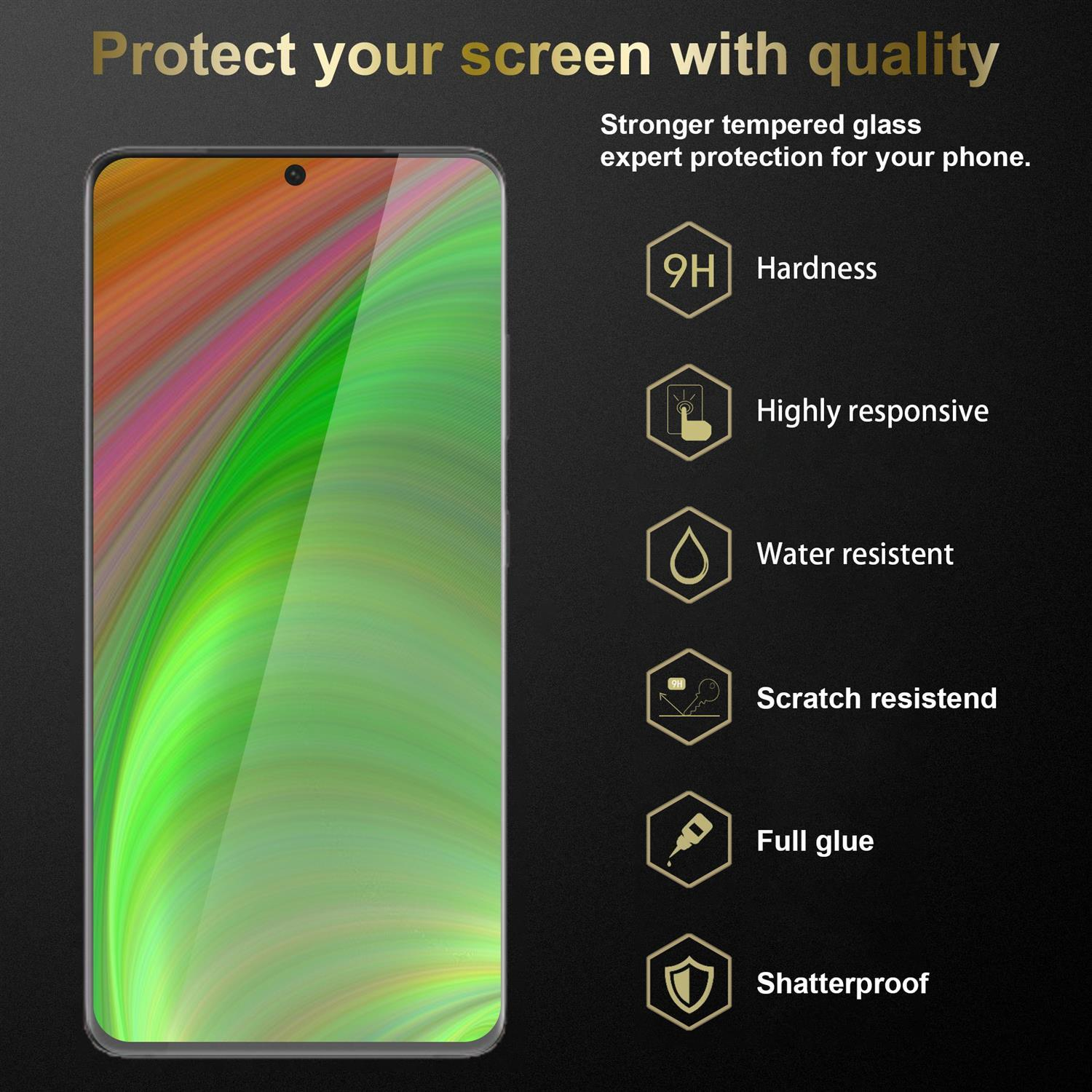 Schermo dello smartphone con una pellicola protettiva, che evidenzia le sue caratteristiche, tra cui durezza, reattività e resistenza all'acqua.