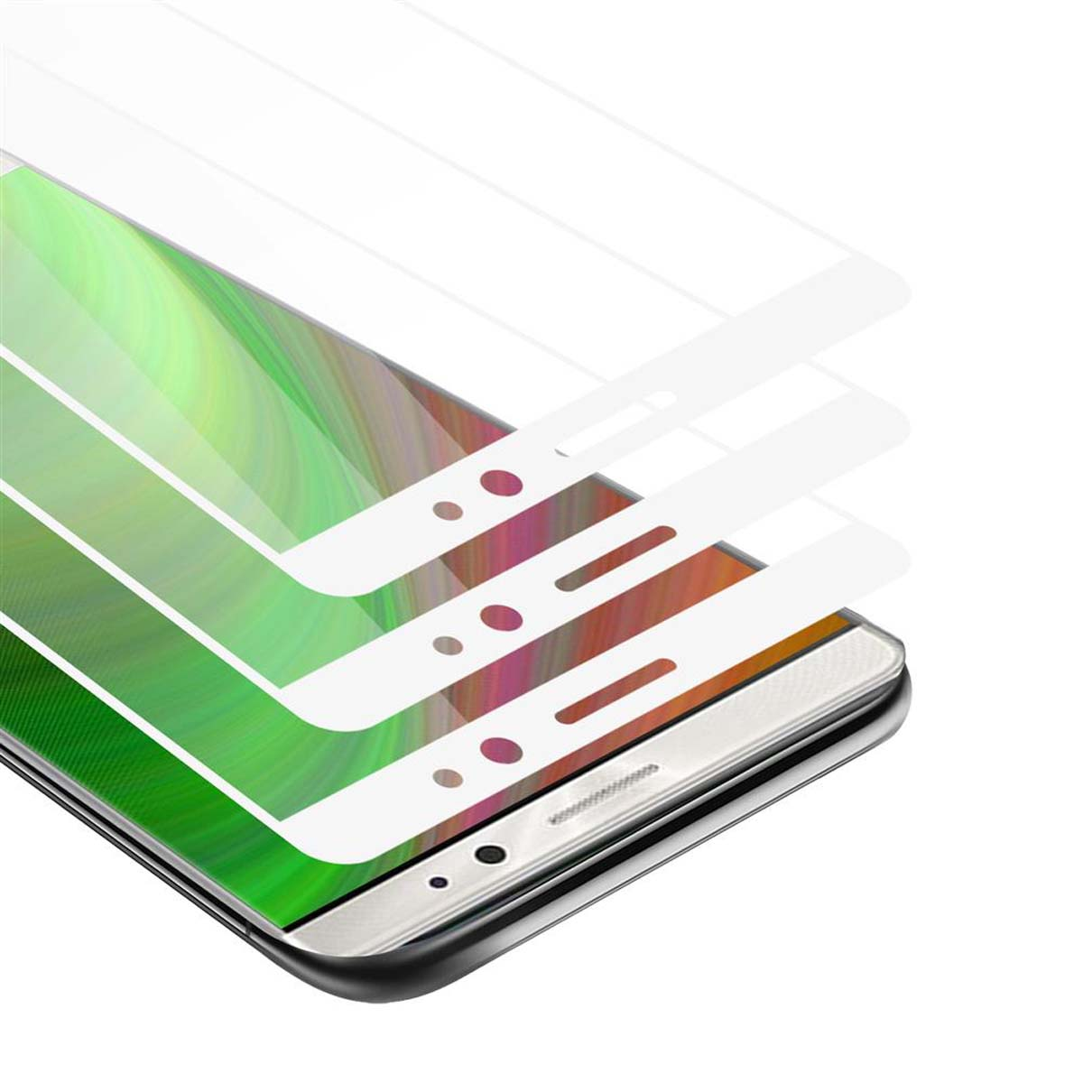 Protezioni schermo per telefono. Tre protezioni bianche a strati su un telefono con display verde e giallo.
