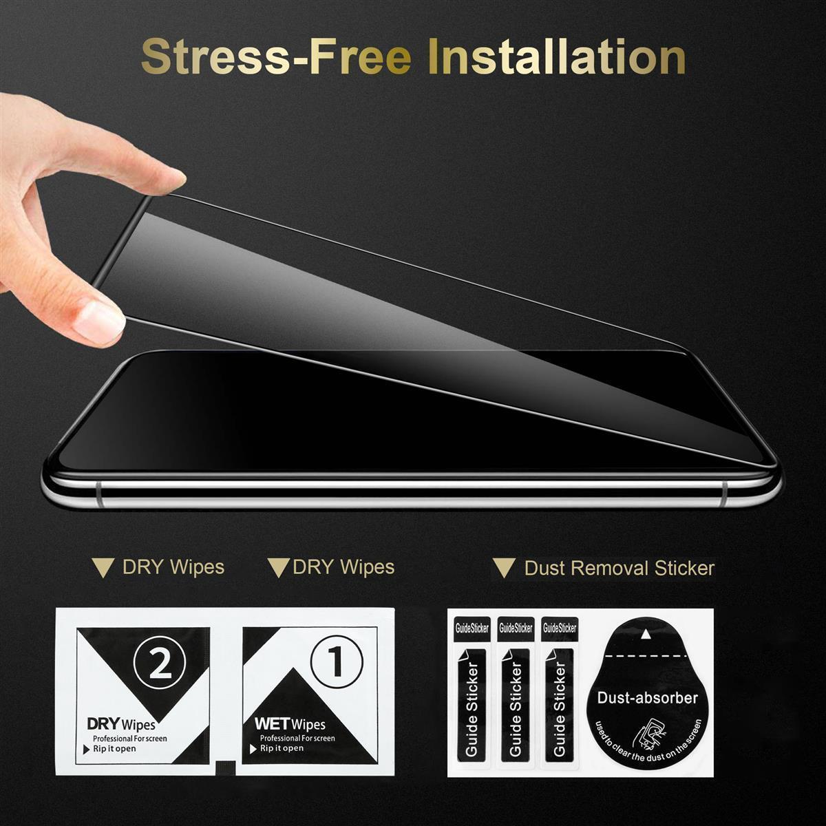 Mani che installano una protezione per lo schermo sul telefono. Accessori: salviette asciutte, umidificate, adesivo rimozione polvere.