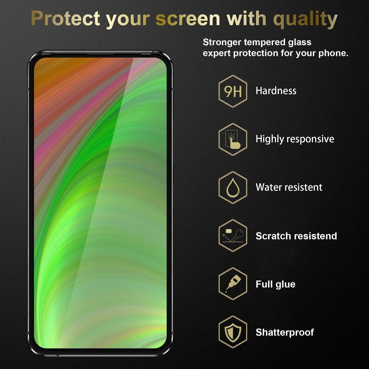 Telefono con protezione schermo, sfondo nero, protezione di qualità, testo e icone.