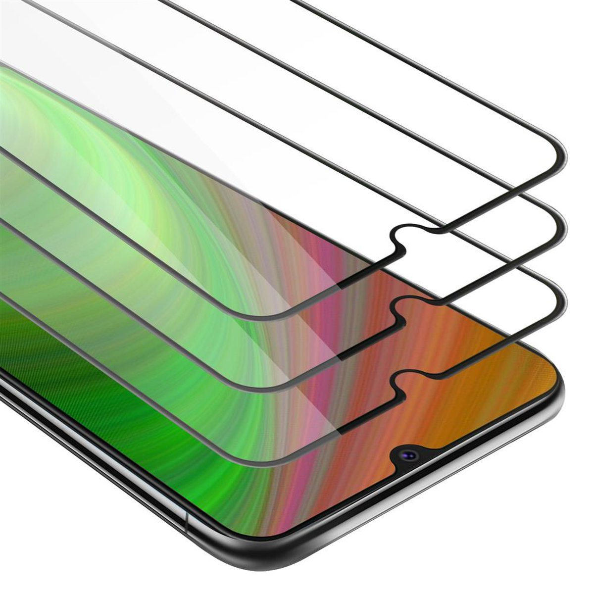 Tre protezioni schermo trasparenti sono posizionate su uno schermo del telefono con display colorato.