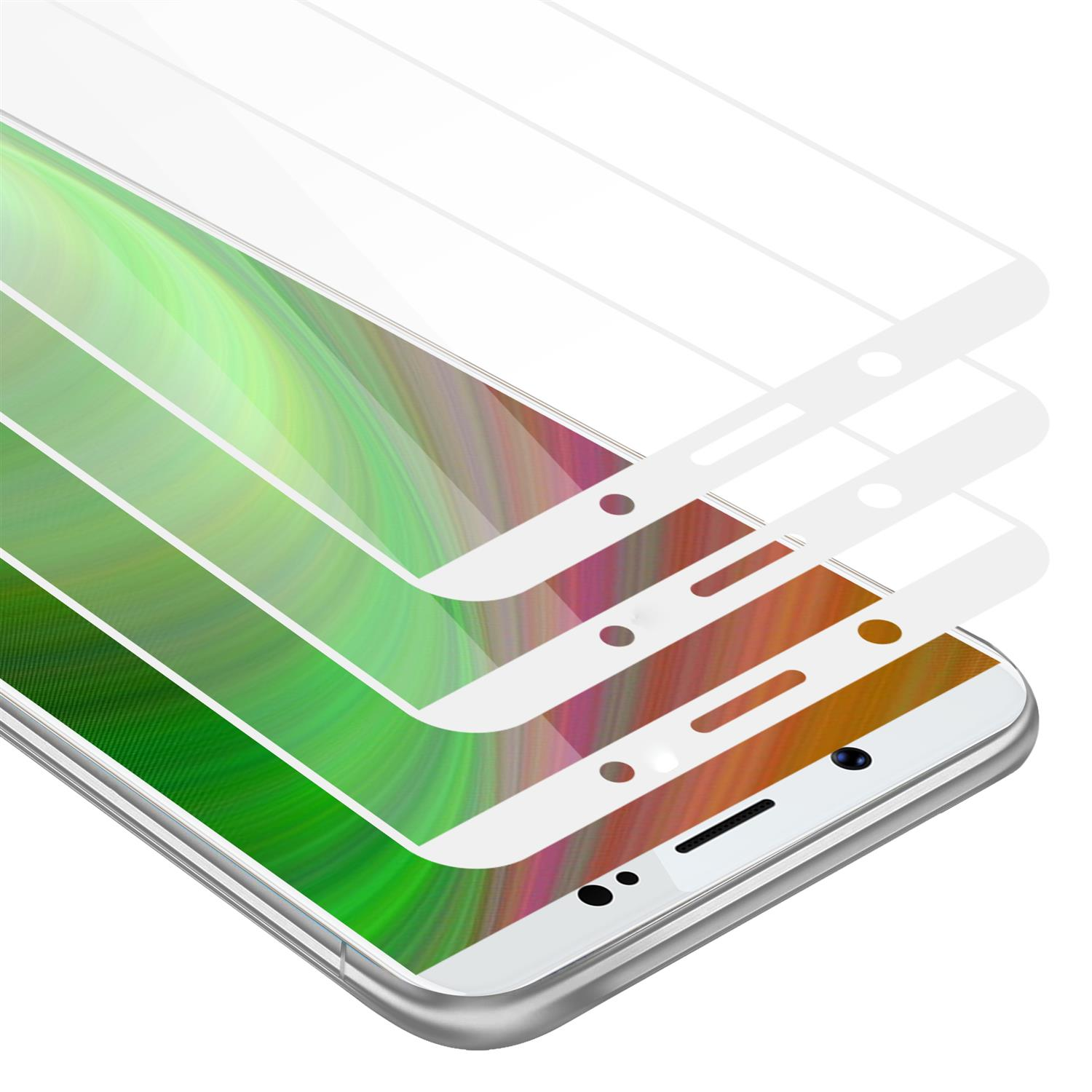 Telefono con protezione schermo, strati di vetro, sfondo bianco, display visibile.