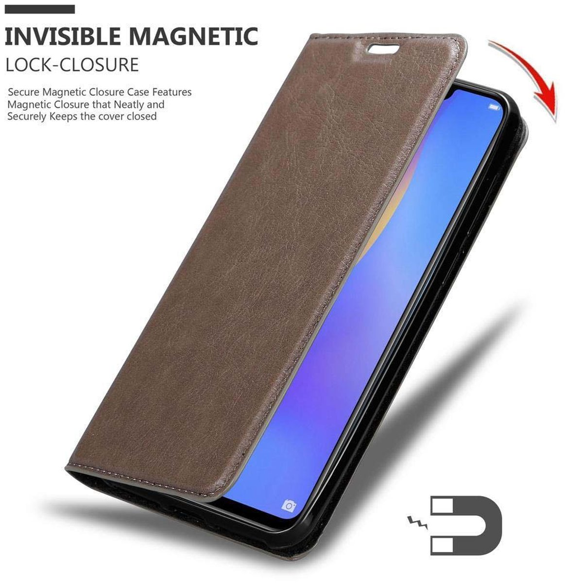Custodia per telefono marrone con chiusura magnetica. Il telefono è parzialmente visibile. La custodia è aperta.