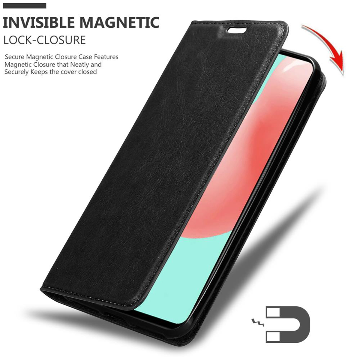 Custodia nera per telefono con telefono nero all'interno e un magnete. Sfondo bianco.
