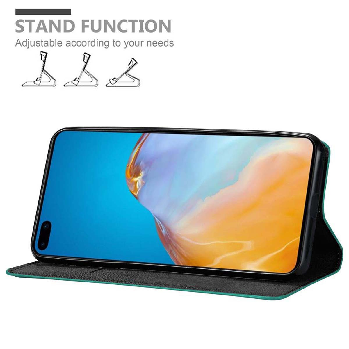 Una custodia verde con un telefono all'interno, puntellata per la visualizzazione. Testo della funzione stand visibile.