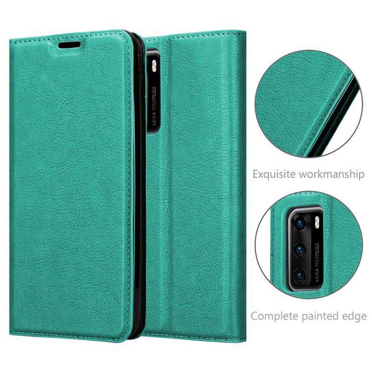 Una custodia per telefono in pelle verde acqua è aperta. I dettagli mostrano una lavorazione squisita e un bordo verniciato completo.
