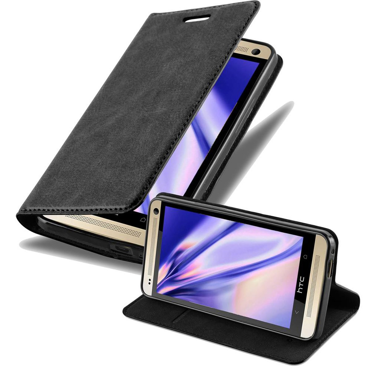 Smartphone negro en una funda tipo libro negra, con otro teléfono abierto en el fondo.