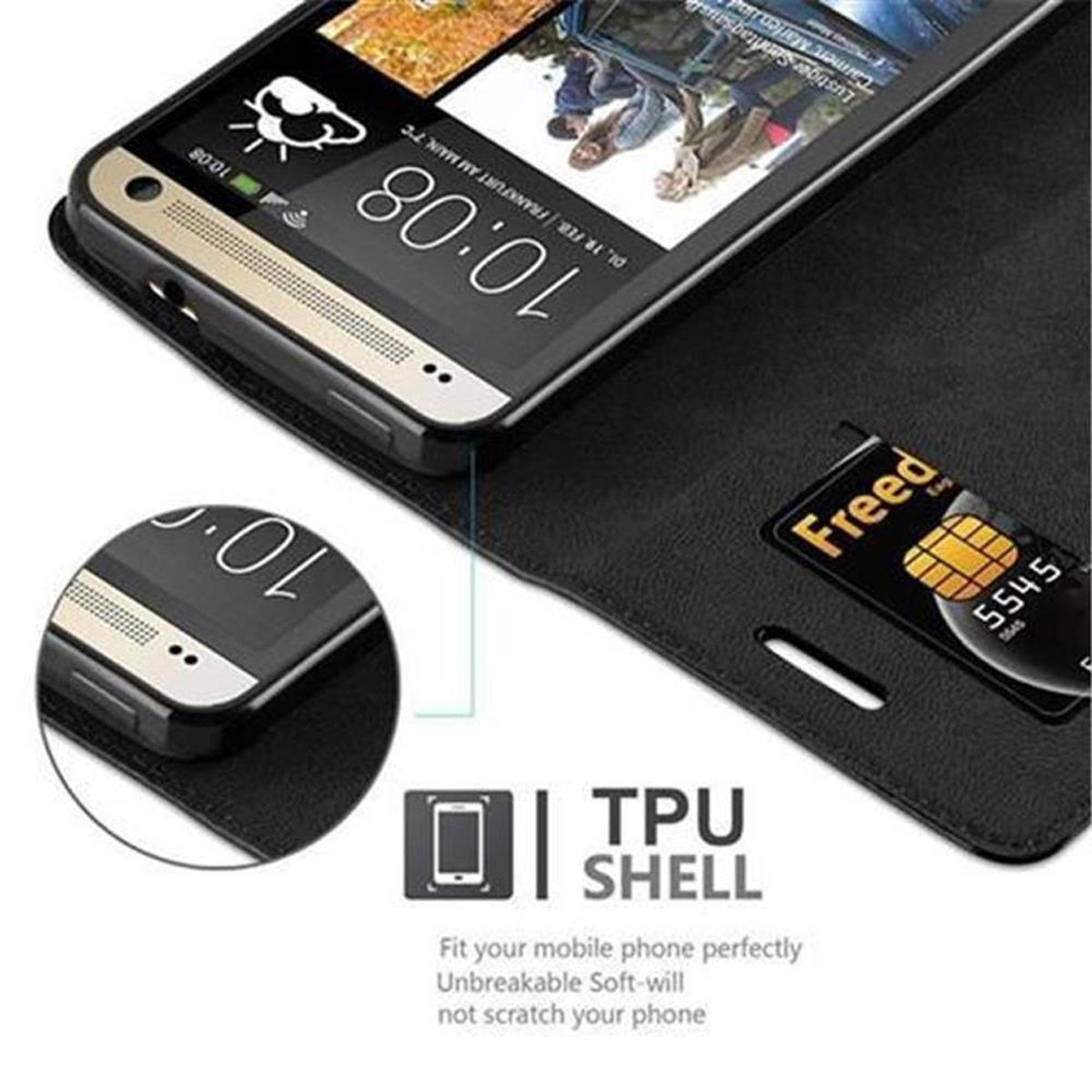 Un teléfono dentro de una funda de cuero negra, mostrando la pantalla y la tarjeta SIM Freed.