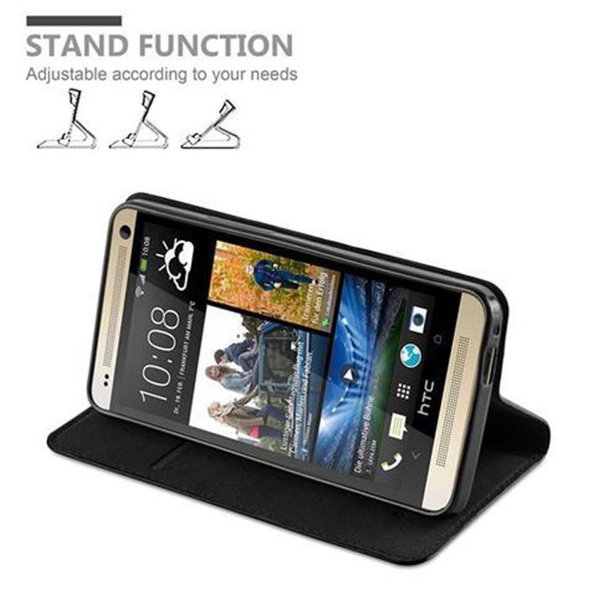 Funda de teléfono negra con un teléfono dentro. El teléfono muestra un reloj y una pantalla de inicio.