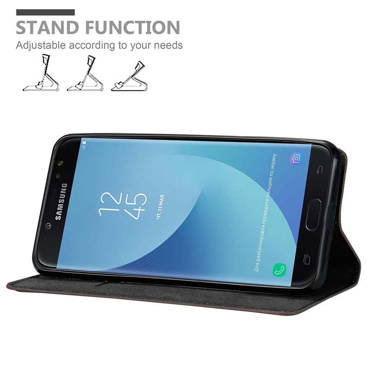 Smartphone in schwarzem Folio-Etui, geöffnet, Bildschirm sichtbar, mit Standfunktion.