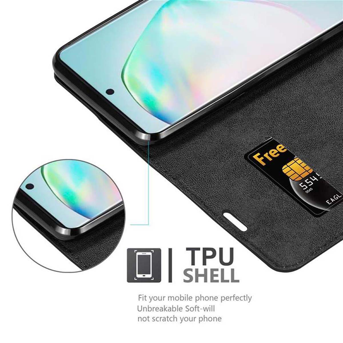 Custodia nera per telefono con telefono all'interno e SIM. Testo e grafica inclusi.