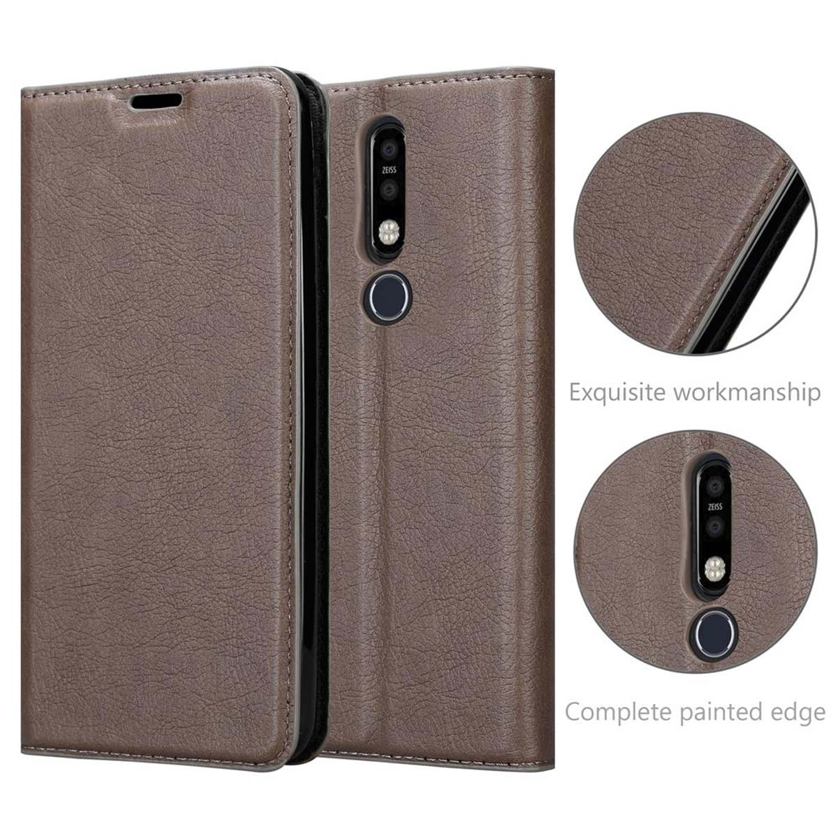 Braune Leder-Handyhülle, Telefon sichtbar, geprägte Details, offene und geschlossene Ansicht.