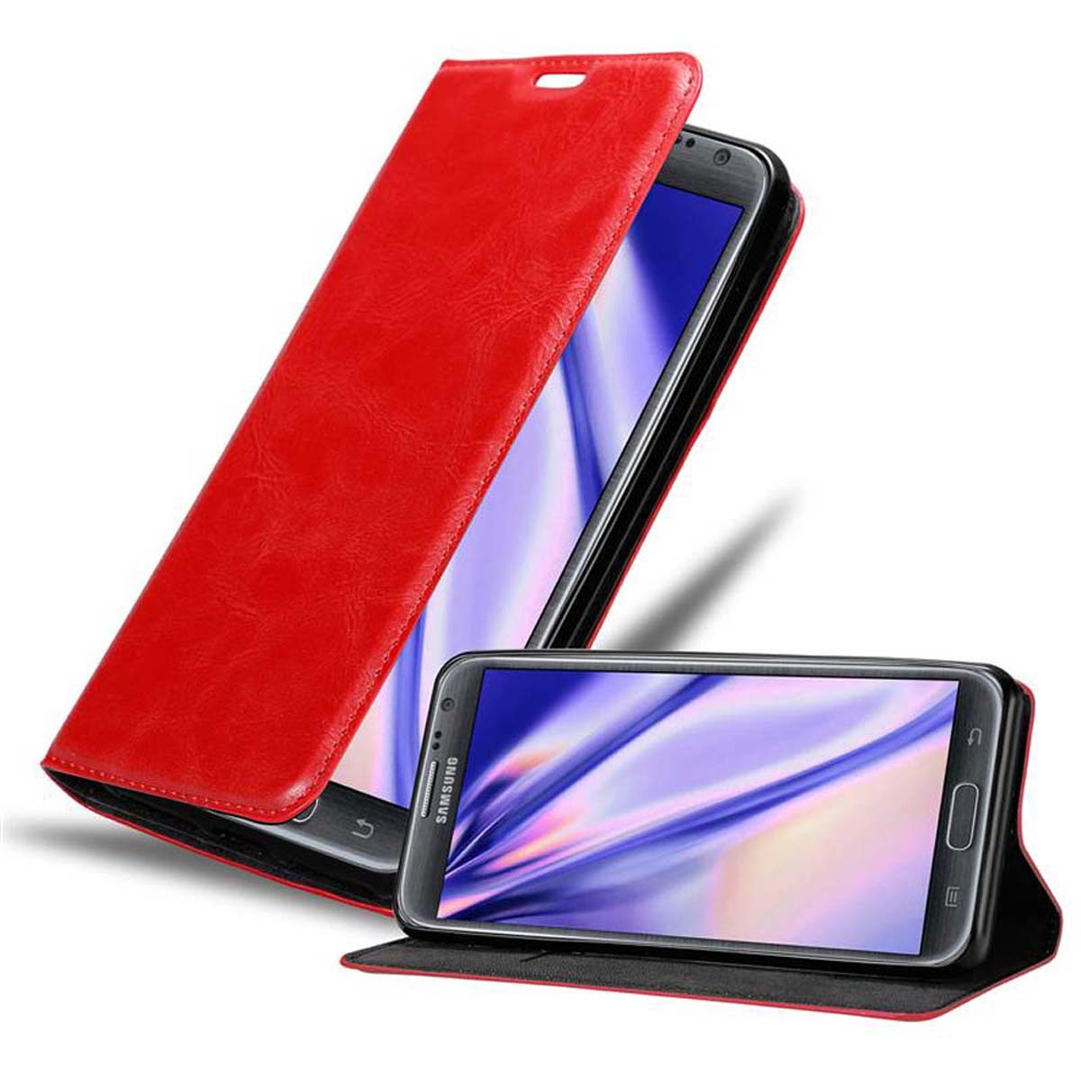 Custodia per telefono rossa, aperta, con telefono nero all'interno e un altro telefono sullo sfondo.
