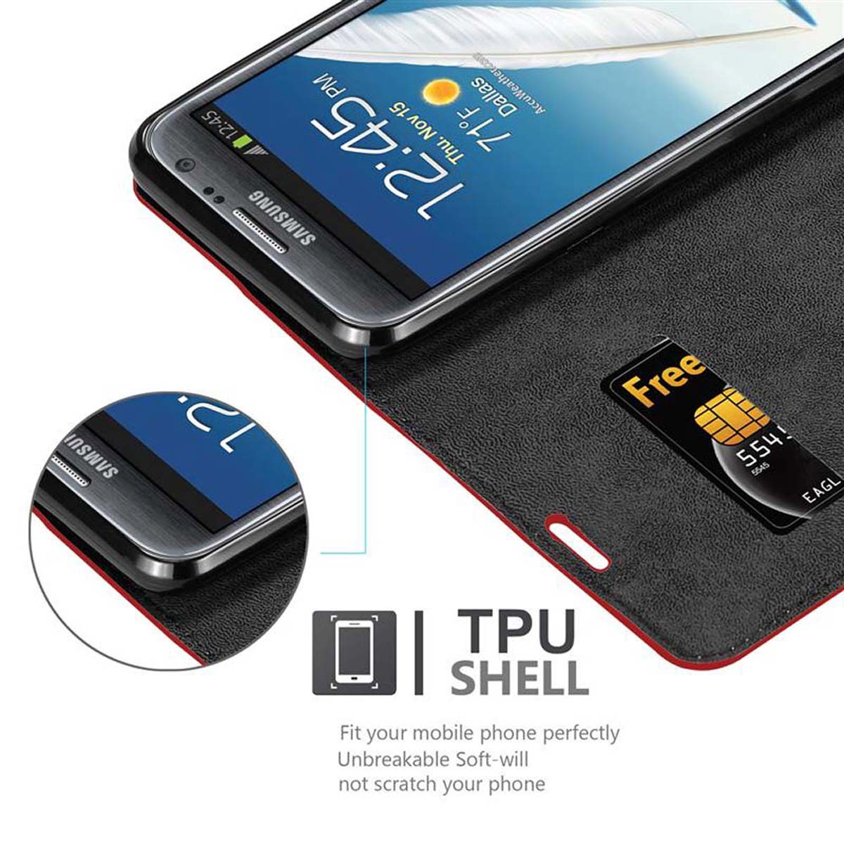 Smartphone in una custodia in pelle con una carta. Il telefono mostra l'ora e la data. Custodia nera con rifinitura rossa.