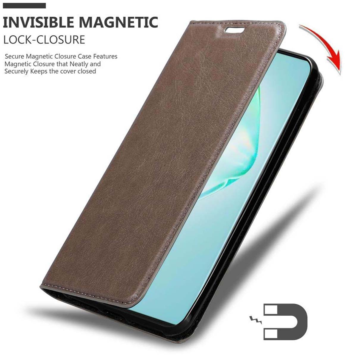 Braune Handyhülle offen, Telefon sichtbar. Weißer Hintergrund.