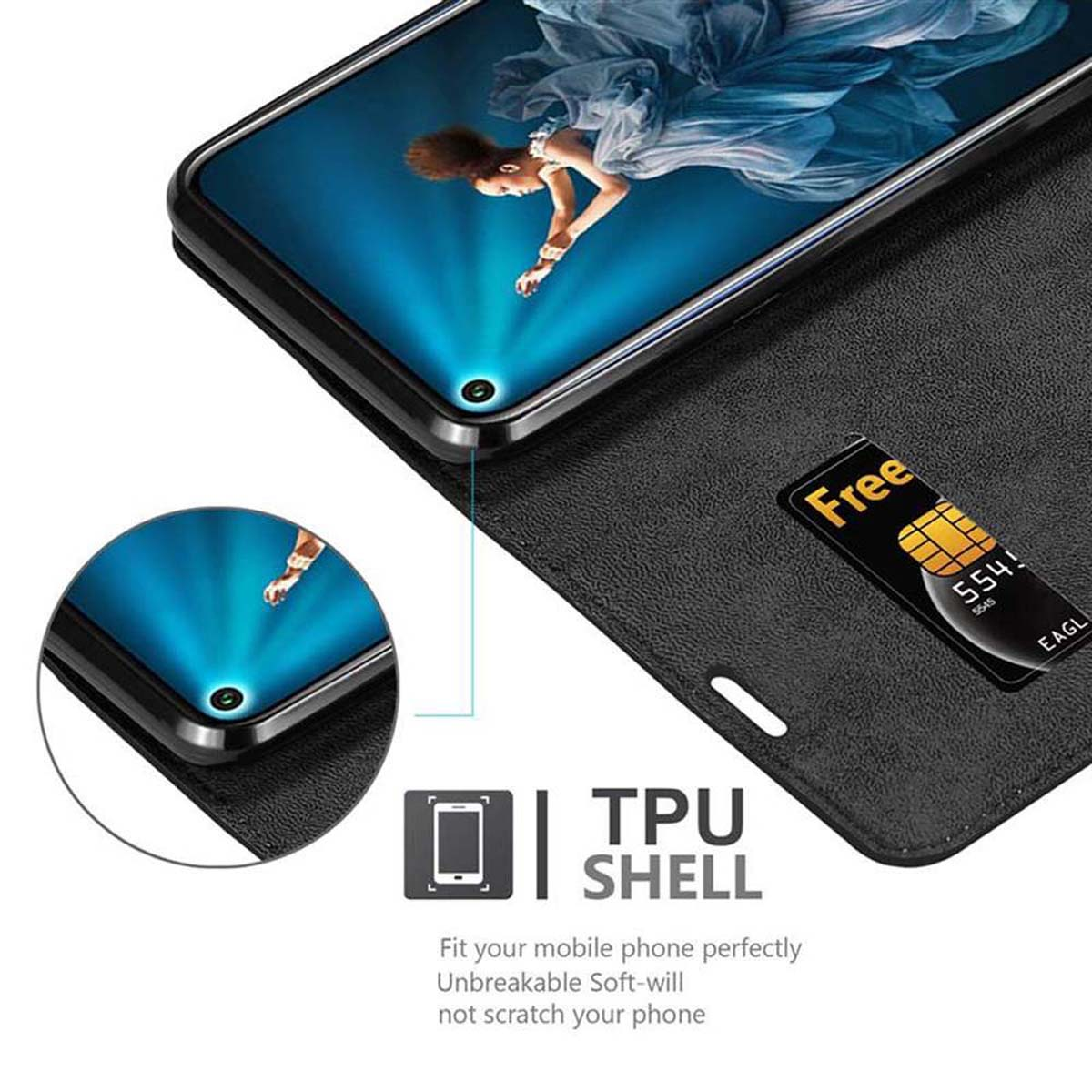Custodia per telefono nera con telefono all'interno. Viene mostrata una carta con 'Free'. Testo in basso: 'TPU SHELL'.