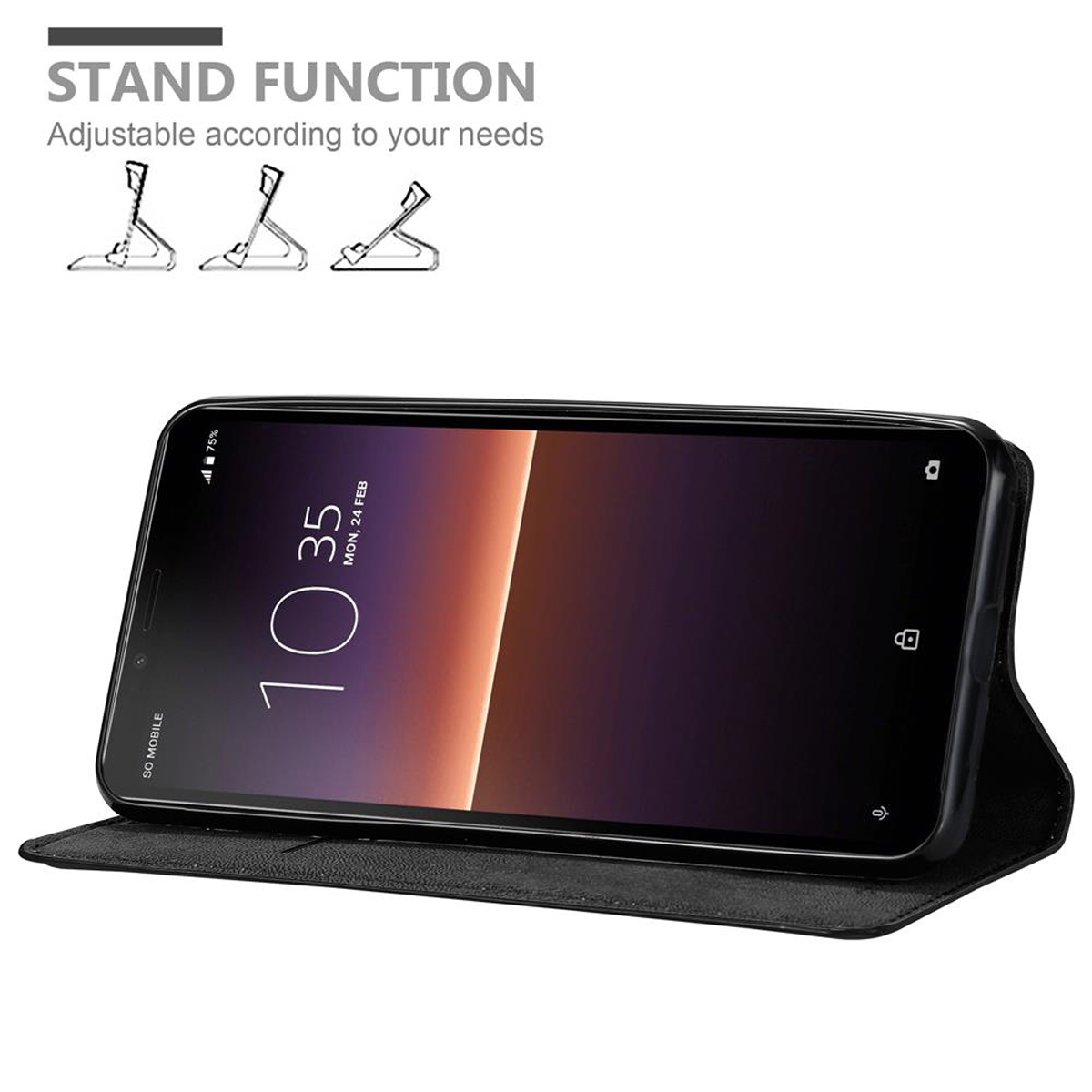 Telefono in custodia nera, aperto e puntellato. Icone della funzione stand visibili. Sfondo bianco.