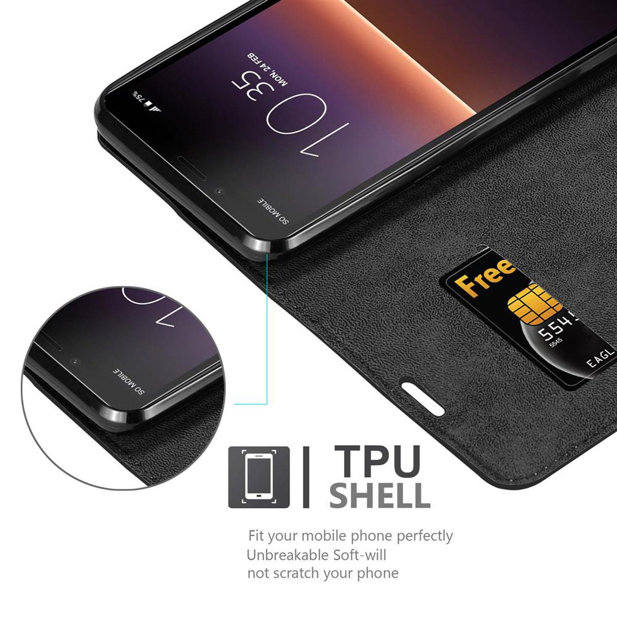 Un telefono in una custodia nera con uno slot per schede SIM e una scheda SIM visibile.