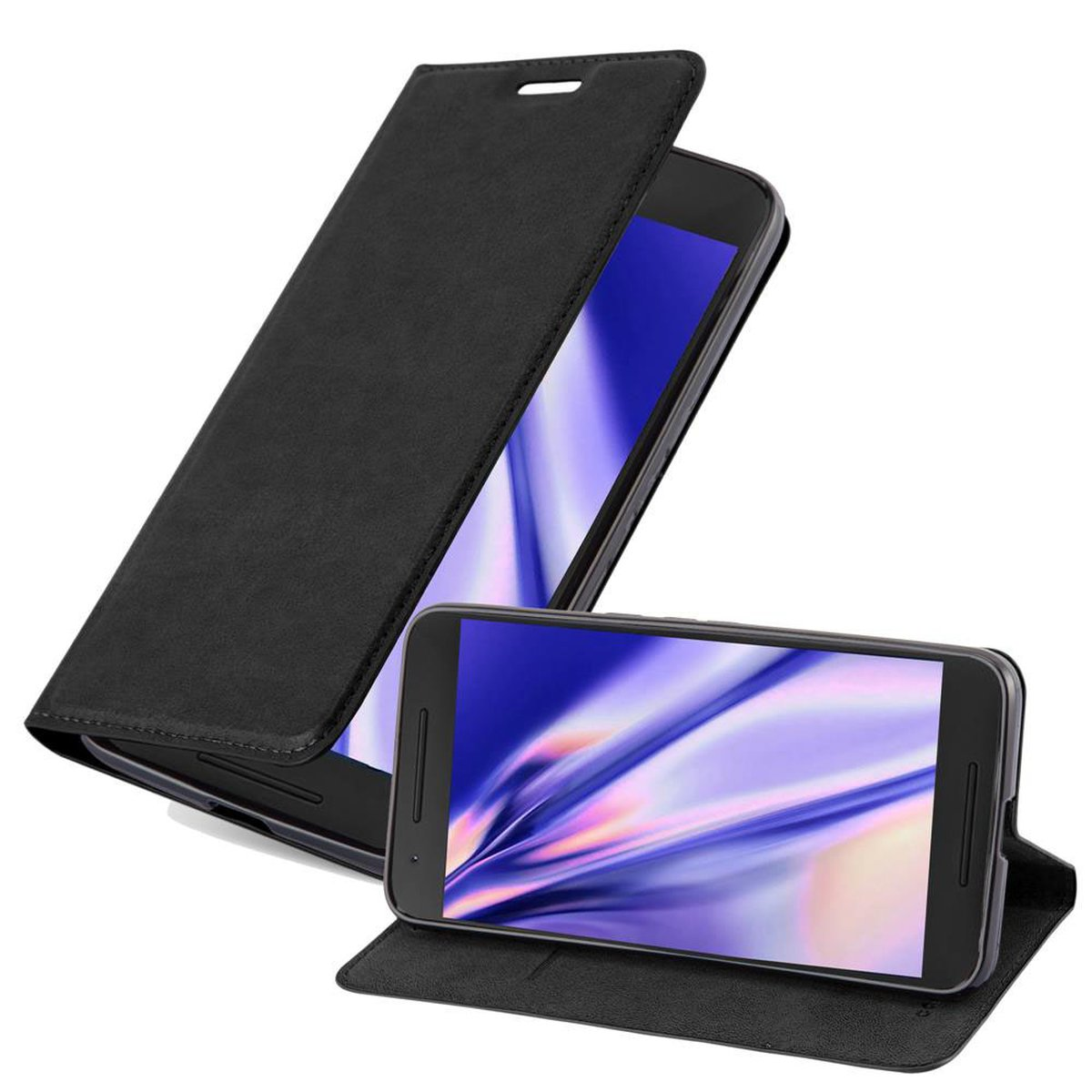 Teléfono negro en una funda de cuero negra abierta, con la pantalla mostrando un patrón colorido.