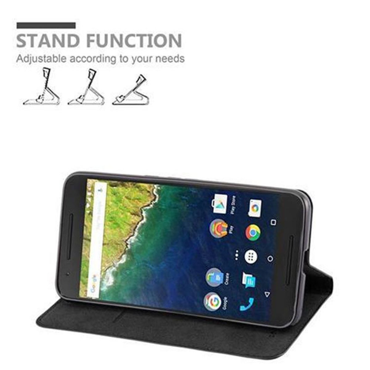 Un smartphone en una funda negra, con función de soporte. El fondo es blanco.