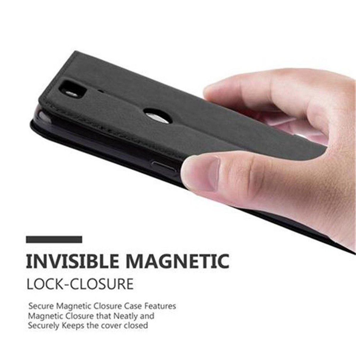 Mano sosteniendo funda negra cerrada. Texto: 'INVISIBLE MAGNETIC LOCK-CLOSURE'.