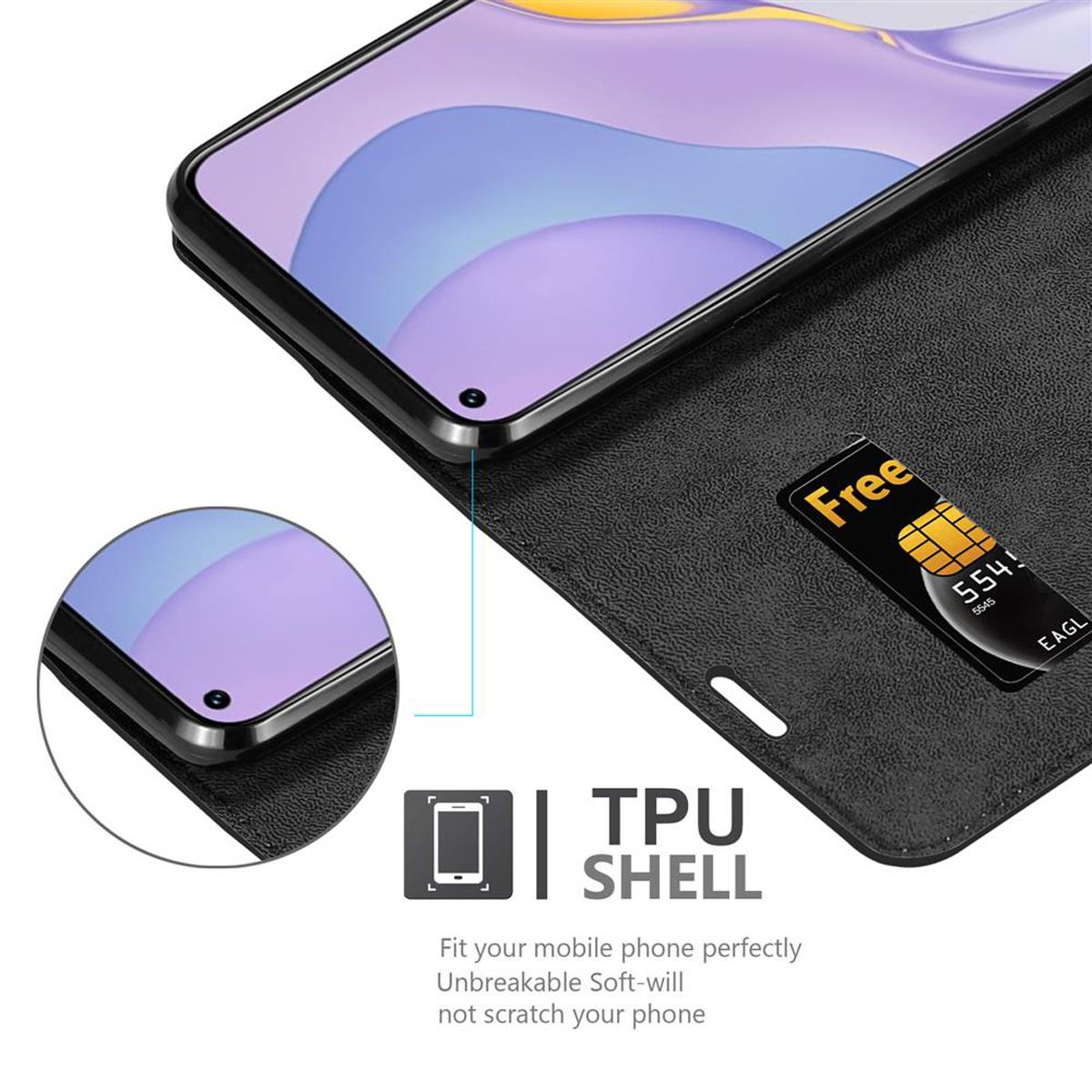 Ein Telefon in einer schwarzen Hülle, ein kleines Telefon unten links und eine SIM-Karte in der Hülle.