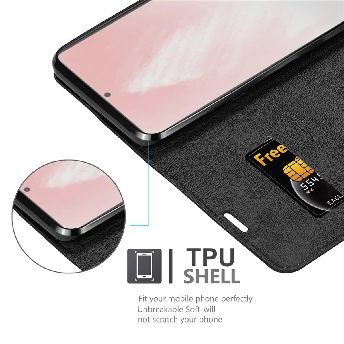 Custodia nera per telefono con telefono. Scheda SIM visibile. Testo: TPU Shell, fit your phone.