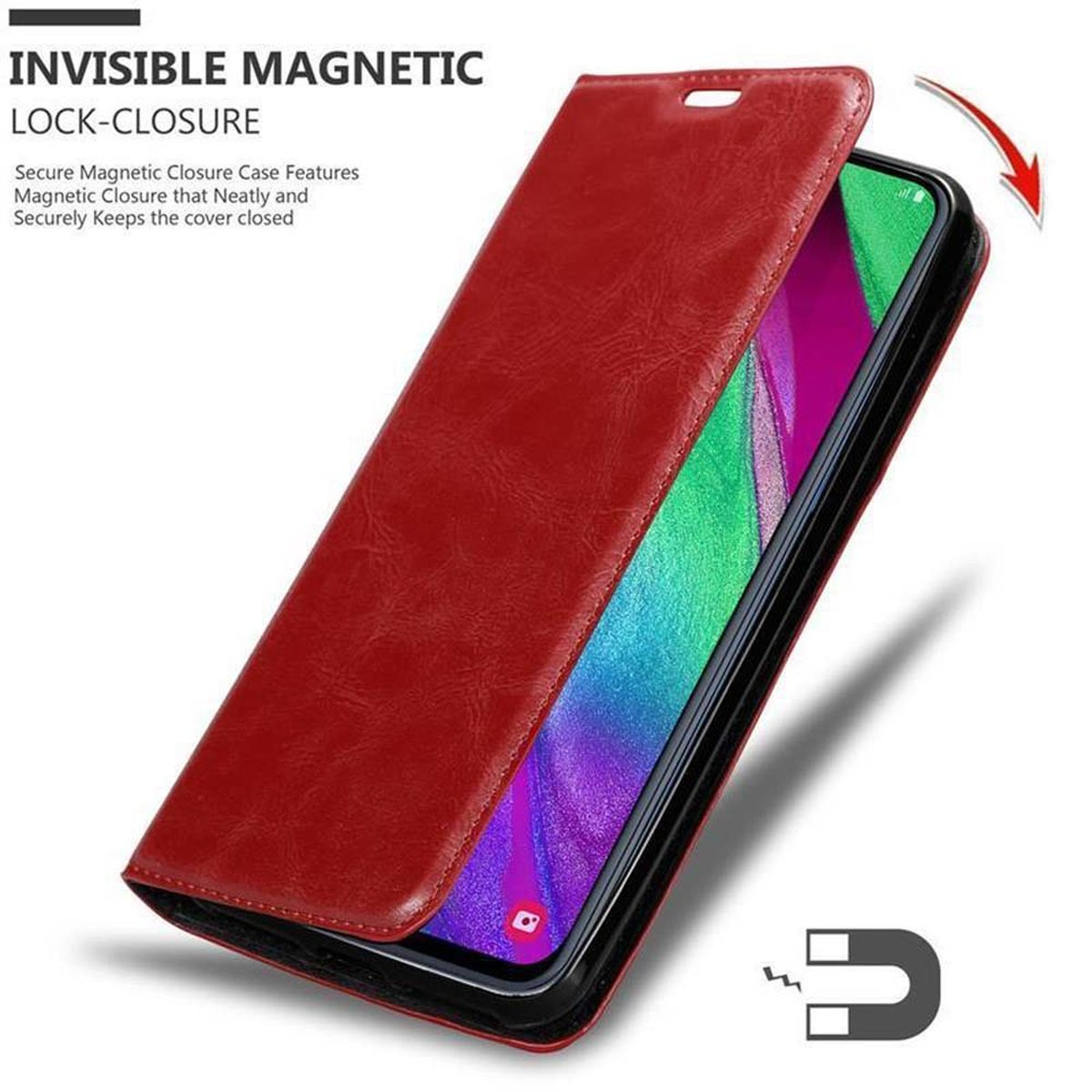 Custodia rossa per telefono con un telefono all'interno. La custodia è chiusa, mostrando la cover, con chiusura magnetica. Sfondo bianco.