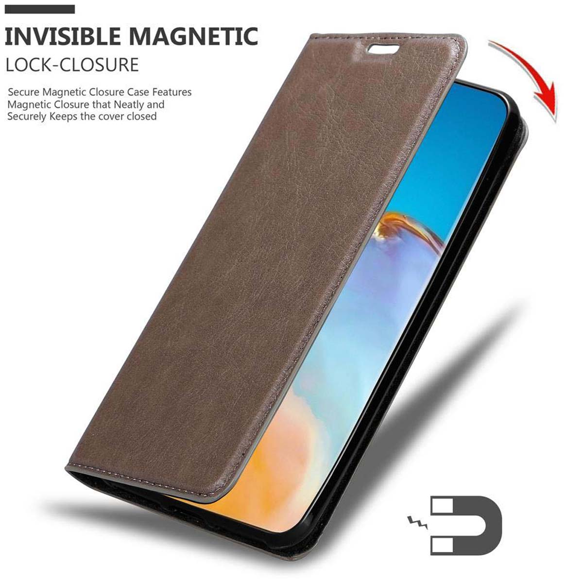 Eine braune Handyhülle, offen, mit einem Telefon darin. Ein Magnet-Symbol wird gezeigt.